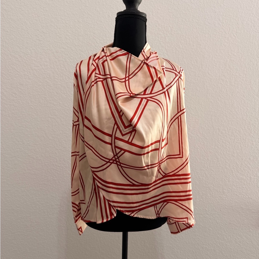 Red & Cream Cowl Neck Blouse Lace Back Button Cuffs Romantic Chic